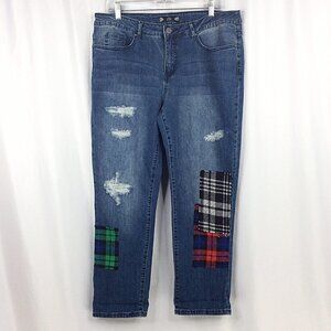 Tru Luxe Jeans Womens Size 14 Distressed Plaid Patch Patchwork Straight Leg